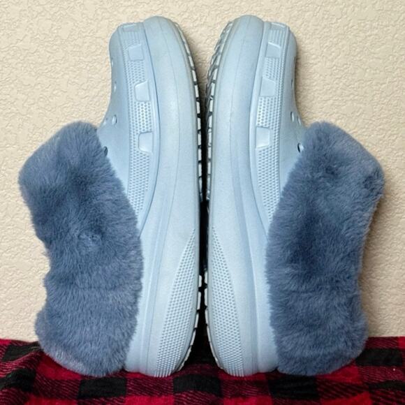 Crocs Blue Calcite Furever Crush Faux Fur Lined Slip On Unisex Shoes M 7/W 9 EUC - Picture 11 of 12